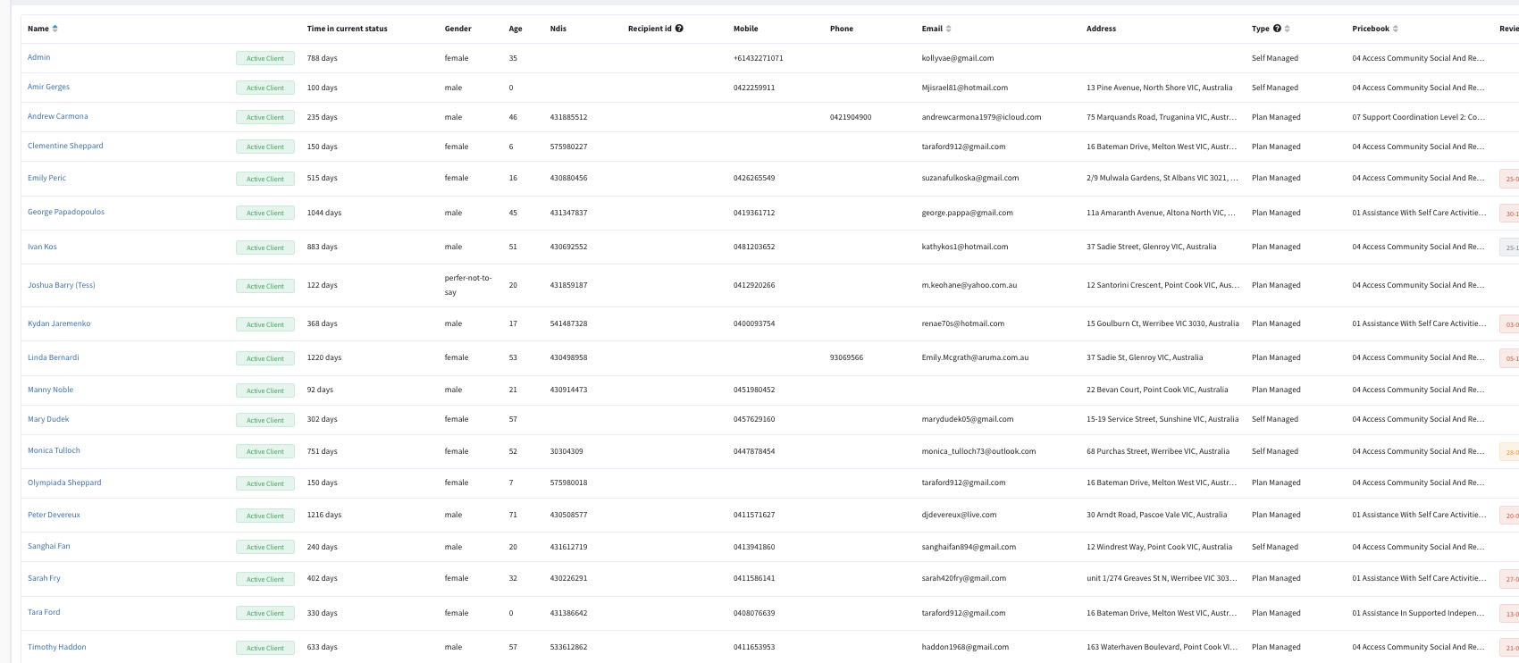 Vespect clients list and client details