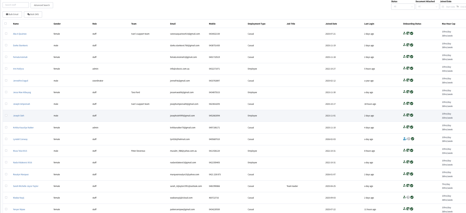 Vespect rostering and staff management view