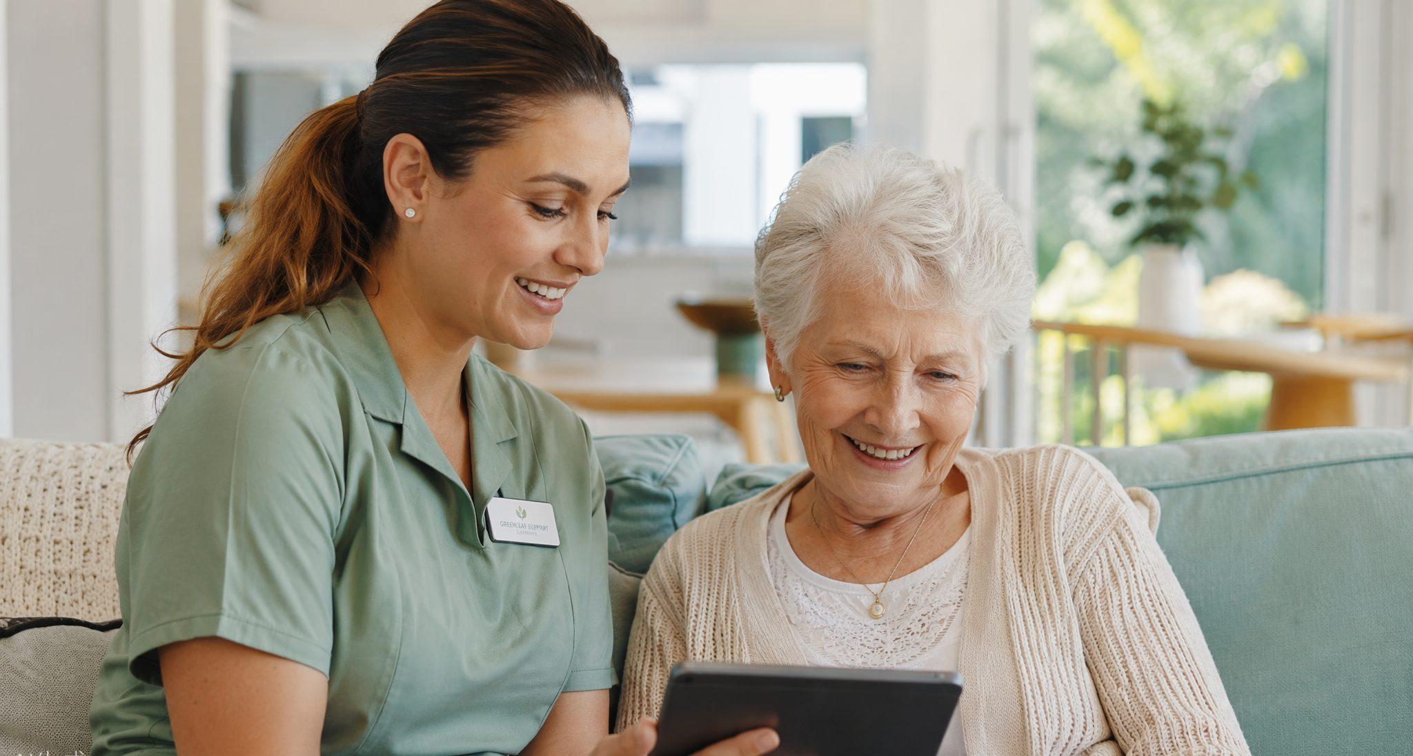 Support worker and elderly woman reviewing care notes on a tablet at home