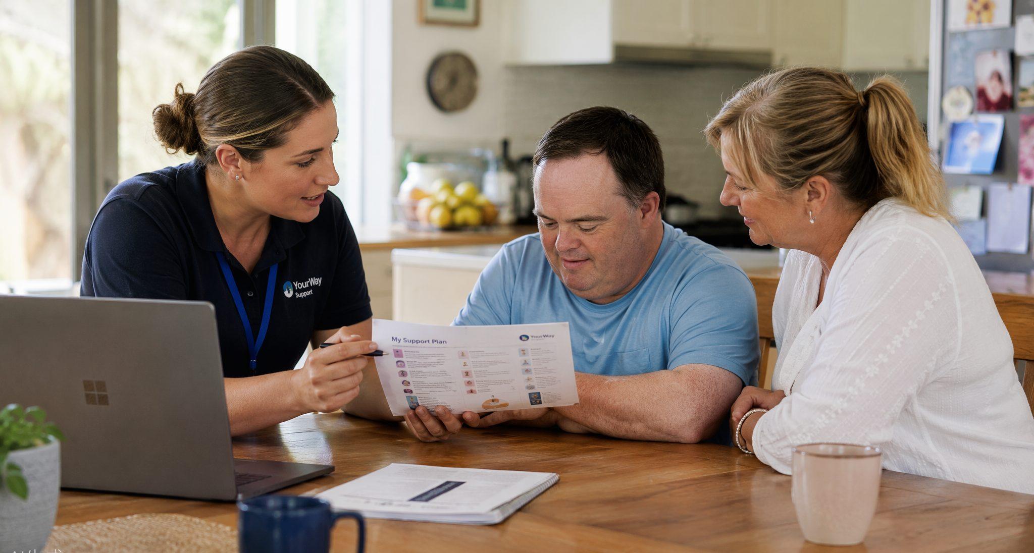 Support coordinator reviewing a care plan with a participant and his mother at home